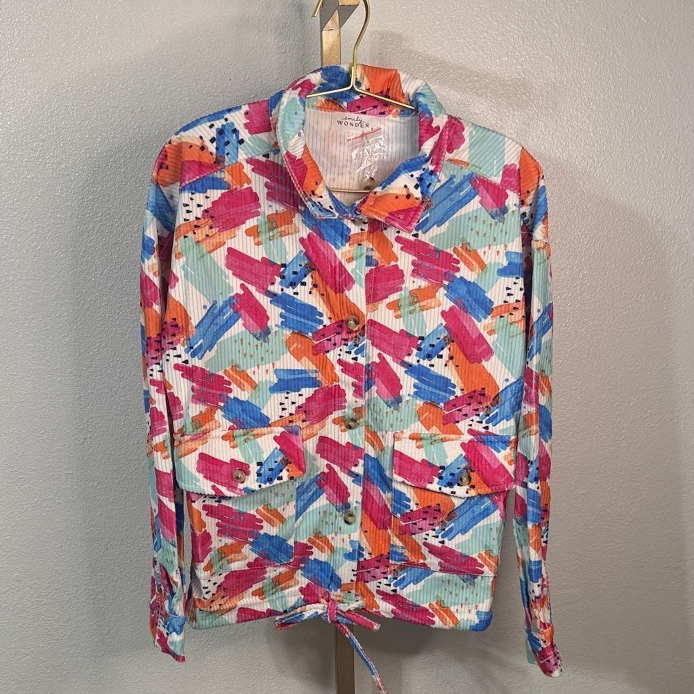 Emily Wonder Colorful Corduroy Jacket Size S NWT Paint Stroke Print